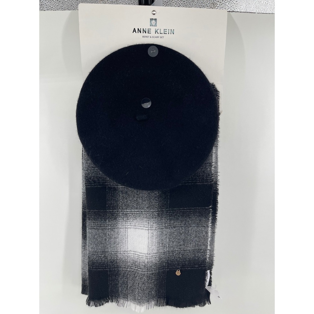 New Anne Klein Beret & Scarf Set Women OS Black Plaid Wool Blend Parisian